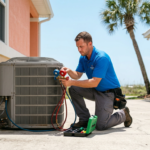 HVAC technician servicing an outdoor AC condenser at a Panama City Beach home on a hot summer day.
