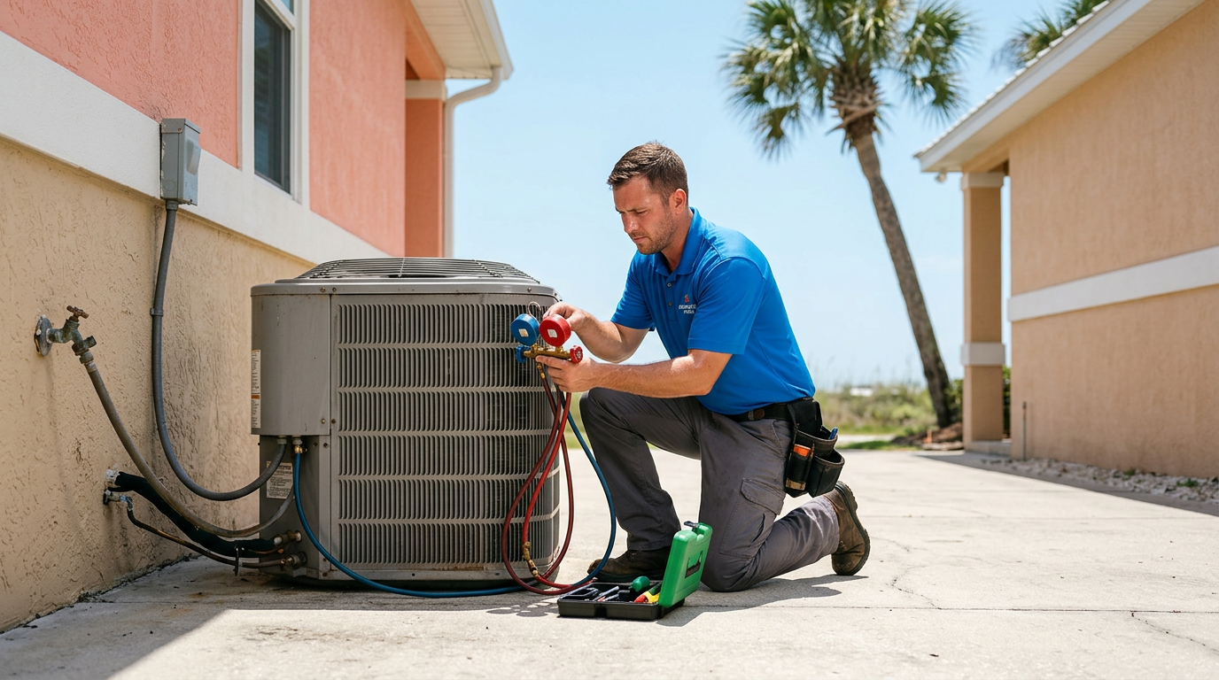 HVAC technician servicing an outdoor AC condenser at a Panama City Beach home on a hot summer day.