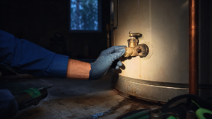 Plumber inspecting a residential tank water heater with a flashlight in a Panama City Beach garage.