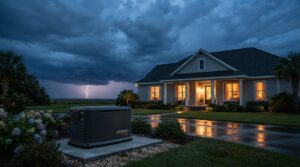 Whole-home standby generator beside a Gulf Coast house glowing with power under a stormy dusk sky.