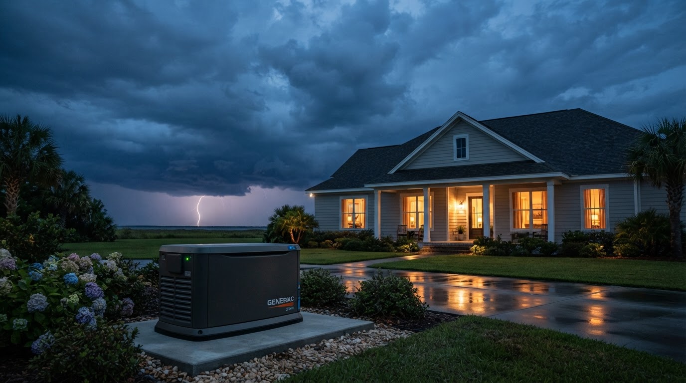 Whole-home standby generator beside a Gulf Coast house glowing with power under a stormy dusk sky.