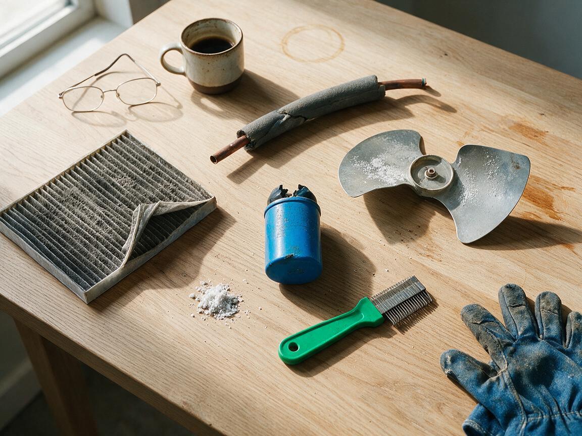 Worn AC parts laid out on a table, the evidence behind AC replacement cost in Panama City Beach