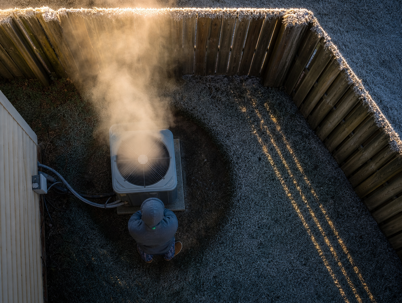 Overhead view of a steaming heat pump in a frosted yard when a heat pump is not heating