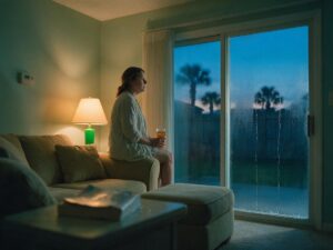 Fogged sliding glass doors in a Gulf Coast living room, a sign to reduce indoor humidity