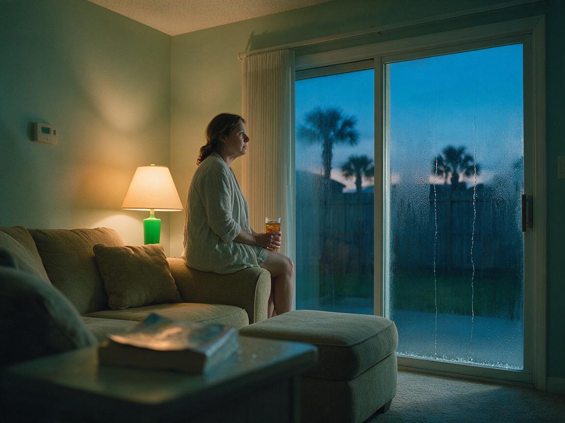 Fogged sliding glass doors in a Gulf Coast living room, a sign to reduce indoor humidity