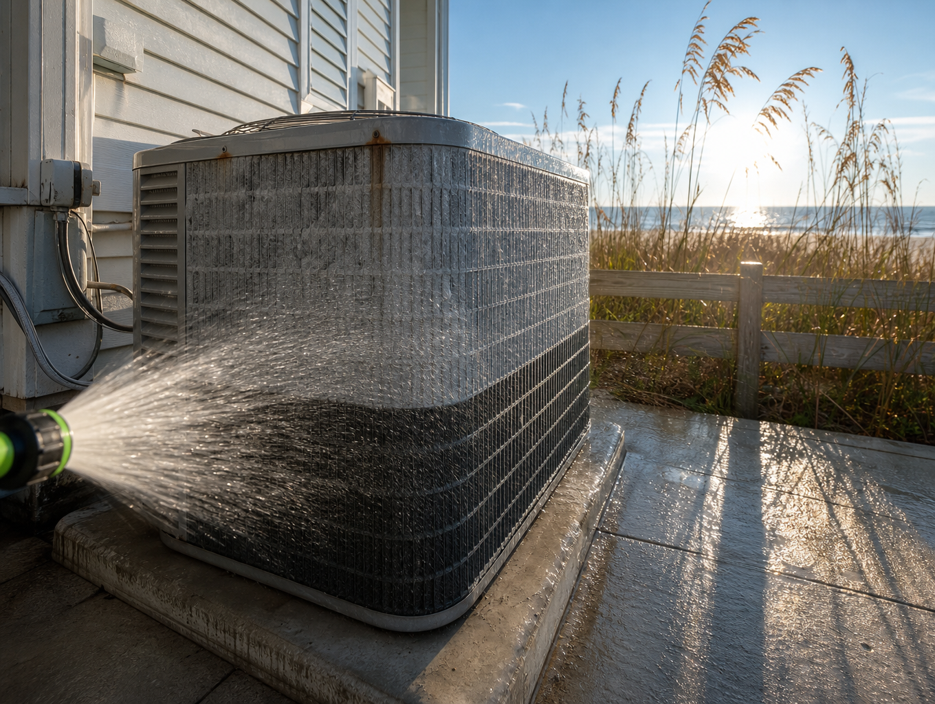 Rinsing salt air corrosion off an AC condenser coil at a Panama City Beach home near the Gulf