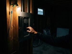 Hand resetting a breaker in a dim garage panel, a sign you need an electrical panel upgrade