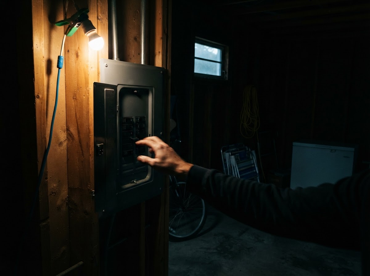 Hand resetting a breaker in a dim garage panel, a sign you need an electrical panel upgrade